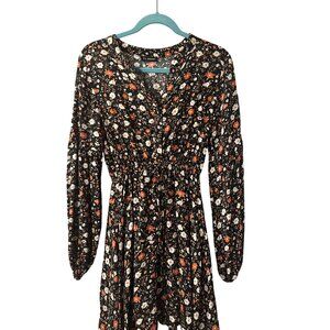 Blu Pepper Floral fallPrint Long Sleeve V-Neck Midi Dress Black/Orange Womens s
